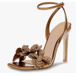 miss left Gold Rhinestones Stiletto Heel Sandals with Strap Buckle Flower Shoes